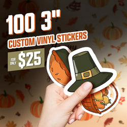 A hand holds two Thanksgiving-themed stickers: a slice of pumpkin pie and a pilgrim hat resting on a basket of apples. The background features autumn leaves and pumpkins. Promotional text reads 100 3 inch custom vinyl stickers for only 25 dollars.