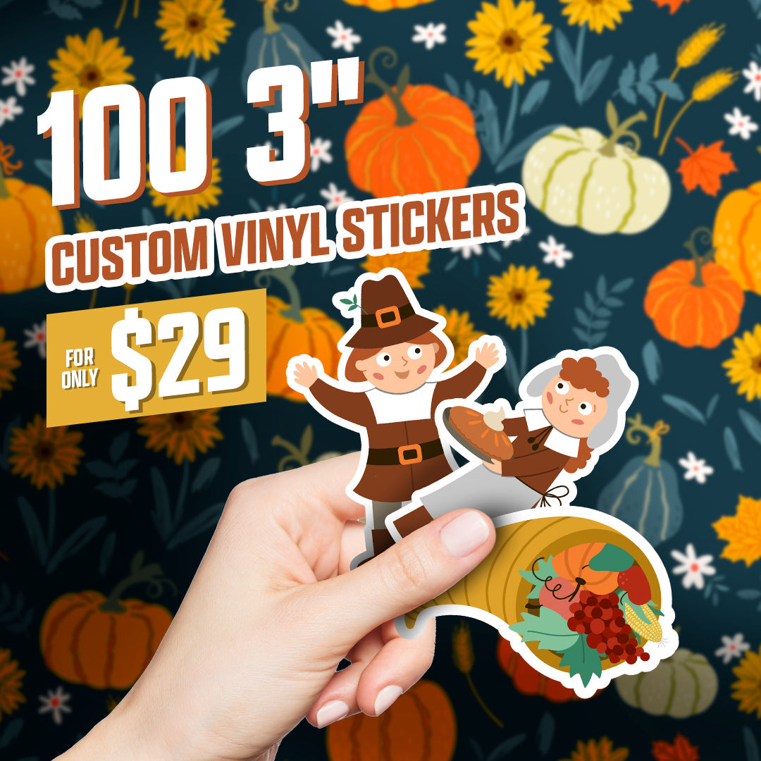 100 custom vinyl 3" stickers for $29 blue wallaper with pumpkins pilgrims handing a pie cornocopia horn of plenty grapes coorn leaves sunflowers cheug