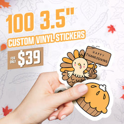 A fall-themed promotional graphic. At the top, large orange text reads: 100 3.5 in. Below it, smaller orange text reads: Custom Vinyl Stickers. A tan price tag on the left reads: For Only $39. The background shows faint outlined leaves with scattered red and orange leaves. In the foreground, a hand holds two stickers: a golden-brown turkey holding a sign that reads: Happy Thanksgiving, and an orange pie with white cream.