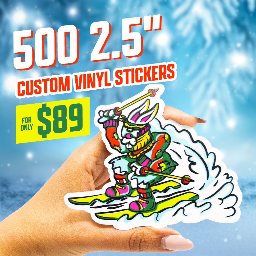 500 2.5" custom vinyl stickers for $89 rabbit skiier with yellow skiis and poles blue snowy background