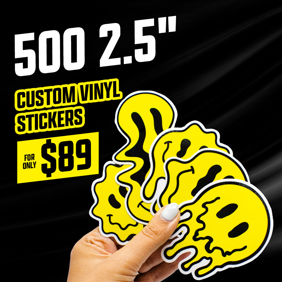 500 for $89 Custom Vinyl Sticker Special yellow smiling faces black background