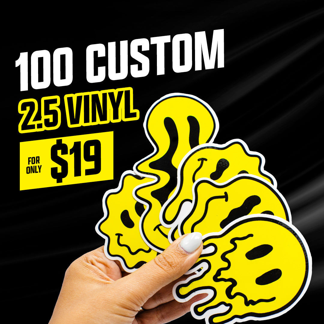 100 2.5" Custom Vinyl Stickers for $19 hand holding bright yellow smiley face stickers black background with  rays of light 