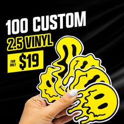 Promotional image advertising ‘100 custom 2.5 vinyl stickers for only $19.’ A hand holds several bright yellow dripping-smiley-face stickers outlined in white with black facial features. The background is black with a glossy, wavy texture, and the text appears in bold white and yellow lettering