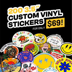 Spread of assorted 3.5-inch vinyl stickers including a retro smiley face with lightning-bolt eyes, a tomato cartoon with sneakers, a vintage eagle emblem, floral badges, and humorous illustrated characters. Styles include pop-art, vintage label design, modern vector art, and hand-drawn cartoon aesthetics. On-image text reads 200 3.5 inch custom vinyl stickers for 69. Keywords: assorted aesthetic stickers, mixed style decals, cartoon and vintage vinyl art.