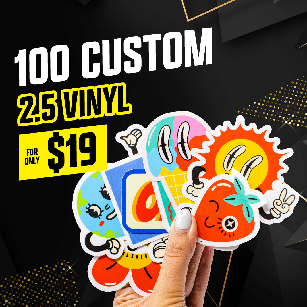 100 2.5" Custom Vinyl stickers for $19 hand holding a pile of colorful stickers