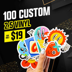Hand holding a fan of brightly colored die-cut stickers featuring playful cartoon characters rendered in a bold pop-art style: a winking strawberry, a sunshine character with expressive eyes, a blue melting character with elongated eyelids, and other retro-inspired designs. Black geometric background with yellow accents. On-image text reads 100 custom 2.5 vinyl for 19. Keywords: cute cartoon stickers, pop-art vinyl decals, colorful character art stickers.