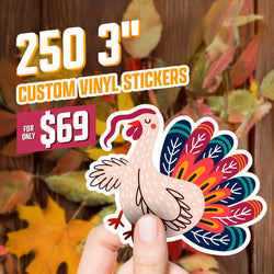 Hand holding a die cut turkey sticker with decorative multicolor feathers in shades of red, blue, orange, and yellow. Autumn leaves and wood background. On-image text reads 250 3 inch custom vinyl stickers for $69. Keywords: Thanksgiving stickers, holiday vinyl decals, cute turkey illustration sticker.