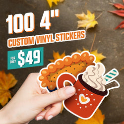 Autumn themed promotional image showing a hand holding two illustrated stickers, one shaped like a slice of pie and one shaped like a mug topped with whipped cream, against a blurred background of fall leaves. Text in white and orange reads 100 4 inch custom vinyl stickers and teal and white text displays price 49. Warm, cozy art style with seasonal colors.