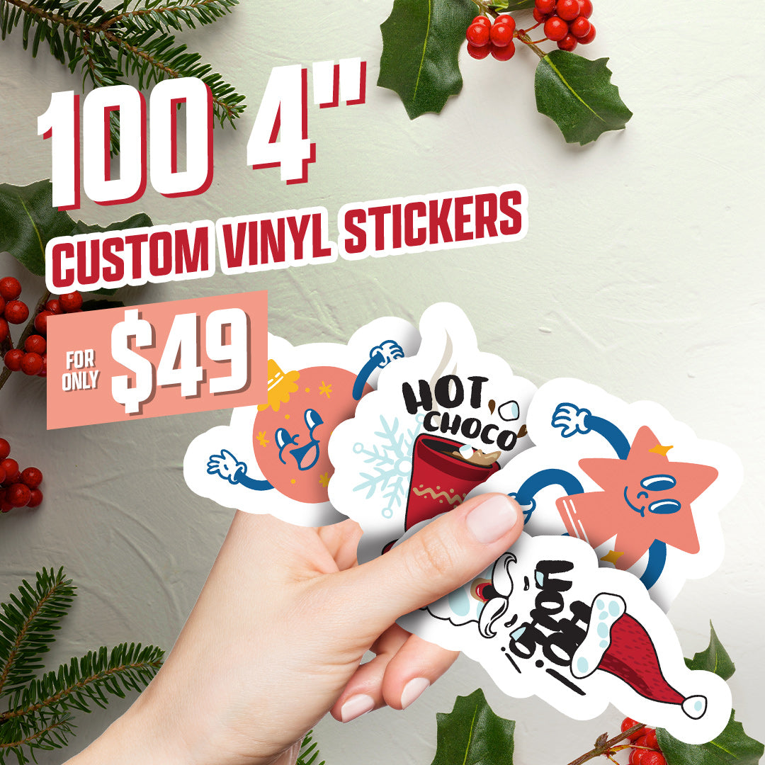 100 4" Custom VInyl Sticker Deal for $49 hand hodling stickers of ornaments, hot chocolate star white wall background with christmas berries leaves pine branches