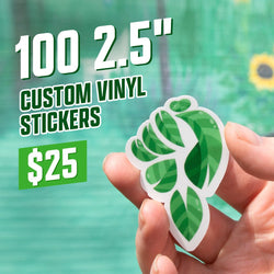 Hand holding an illustrated vinyl sticker resembling a stylized fist made of layered green leaves, symbolizing eco activism. Blurred green outdoor background. On-image text reads 100 2.5 inch custom vinyl stickers for $25. High-intent keywords include eco stickers, sustainability decals, and environmental vinyl stickers.