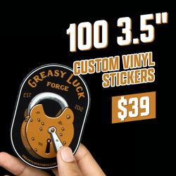 Promotional image with a hand holding an oval sticker that features a brown and orange padlock illustration and text that reads Greasy Luck Forge Est. 2012. Main overlay text reads 100 3.5-inch custom vinyl stickers $39.