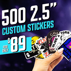 Hand fanned out holding assorted die cut stickers including designs with text Olive and York, The End Times, Play, and abstract illustrations in black, white, yellow, and red. Purple cosmic-style background with on-image text 500 2.5 inch custom stickers for $89. Keywords: logo stickers, mixed sticker pack, monochrome decals, colorful decals, custom die cut vinyl.