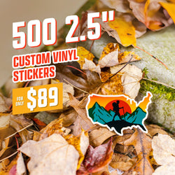 Text reads 500 2.5 inch custom vinyl stickers, 89 dollars. A die cut sticker shaped like the United States shows a hiker silhouette against orange sunset and teal mountains, placed on autumn leaves. Outdoor adventure aesthetic, waterproof vinyl decal.