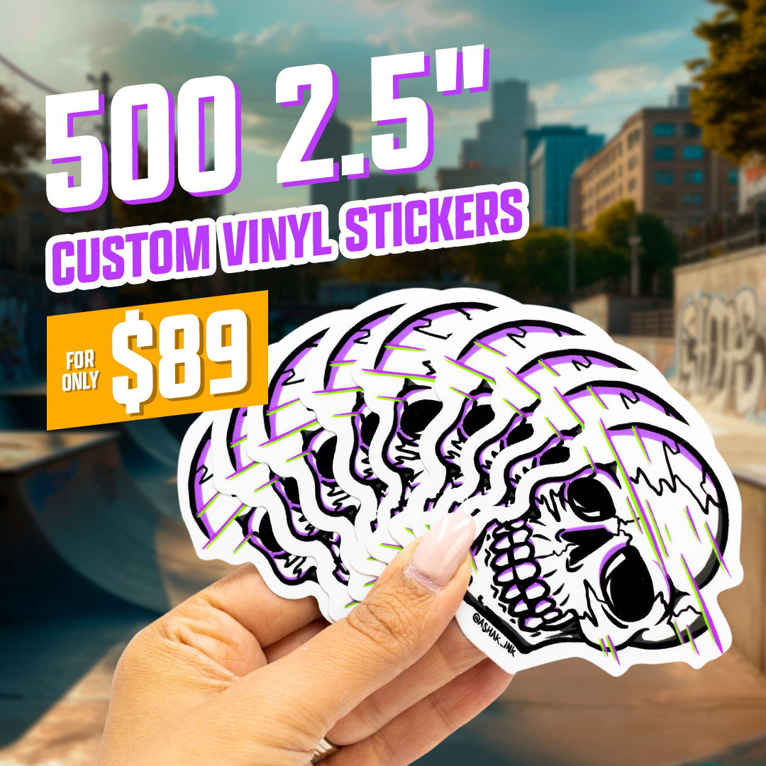 500 2.5" Custom Vinyl Stickers for $89 skulls green purple streaks orange quarter pipe tagged wall urban concreate grafffiti illustration blue sky hand with light pink fingernails silver ring