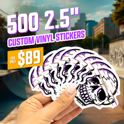 Hand holding a stack of die-cut skull stickers illustrated in a glitch-art style, with warped overlapping outlines, purple accent streaks, and bold black comic contours. Skate park background with city skyline adds urban street-art energy. On-image text reads 500 2.5 inch custom vinyl stickers and 89. Keywords: glitch skull sticker, street art decal, distorted skull vinyl sticker.