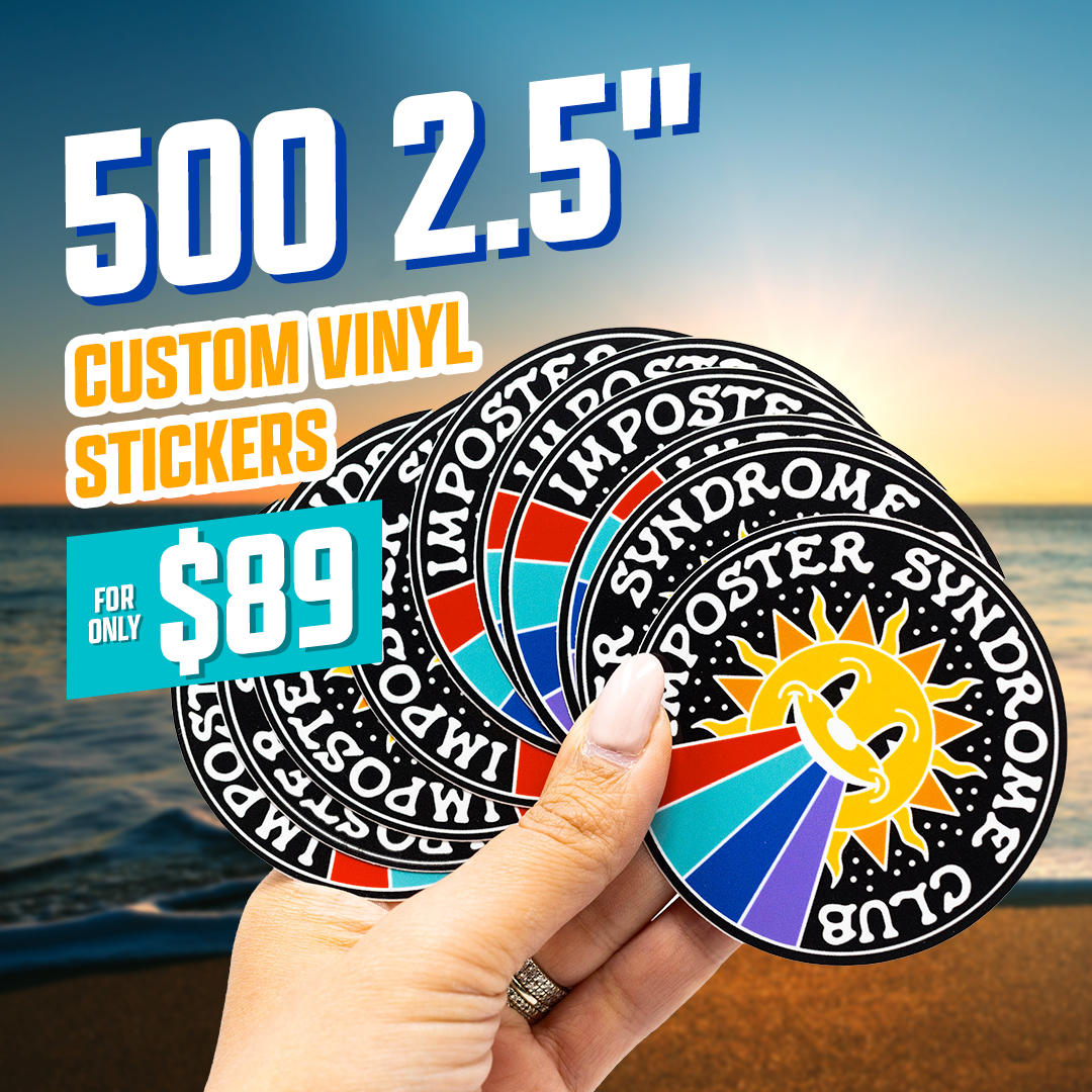 500 2.5" Custom Vinyl Stickers for $89 hand holding multiple stickers on beach sunset sunshine rainbows vintage 70s font astrology silver ring calm ocean sand blue orange hombre fade gradient aqua purple orange yellow red blue purple