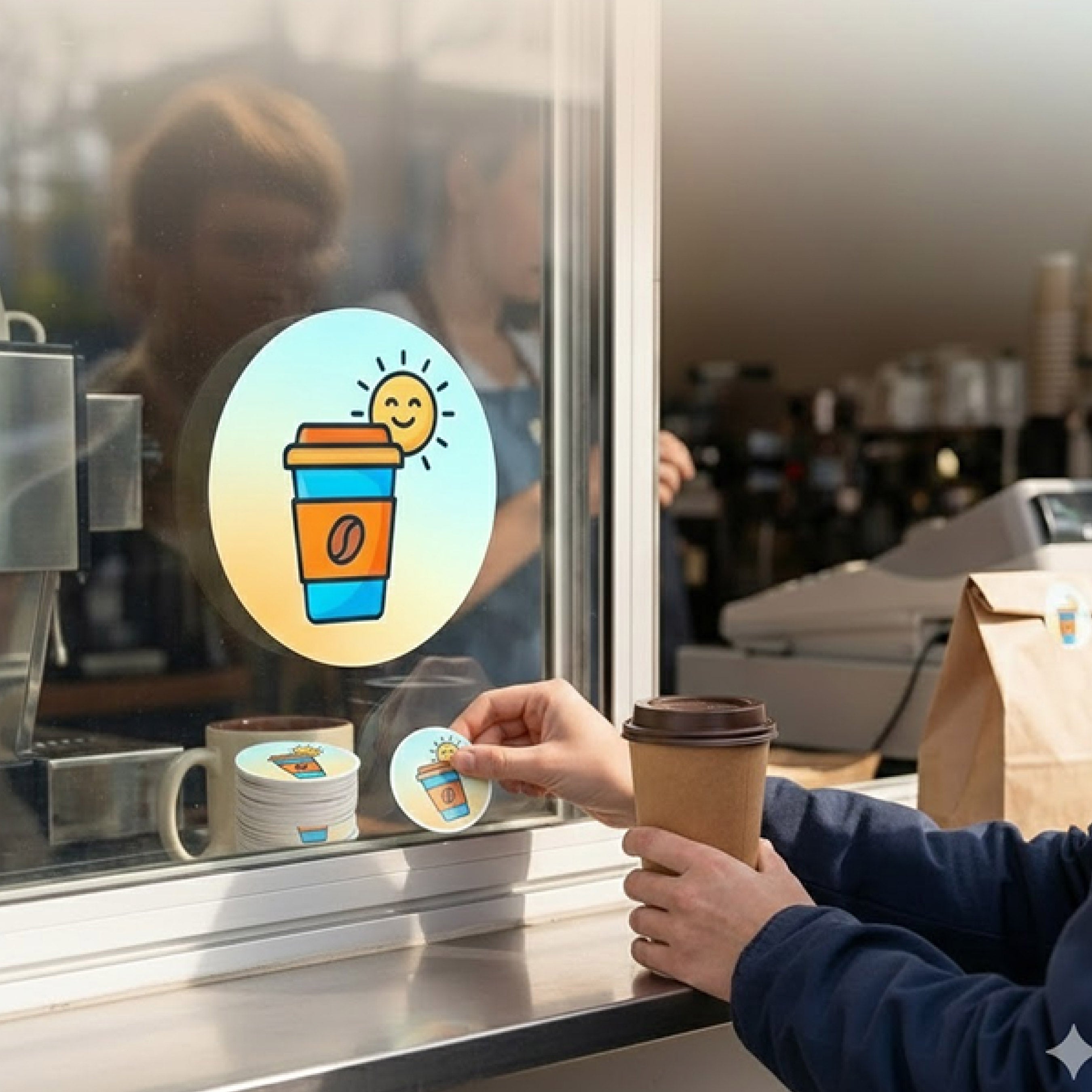 A round custom  vinyl window sticker featuring a smiling coffee cup and sun icon is displayed on a coffee shop service window while additional matching clings are being applied. The graphics contain no visible text. Signage color branding for cafés, restaurants, seasonal promotions, menu windows, and retail storefront displays, applying cleanly to glass and removing without residue.