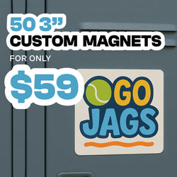 Promotional image showing a square magnet attached to a gray locker door. The magnet has bold blue and yellow lettering that reads Go Jags with a green tennis ball graphic above it. Text at the top reads 50 3-inch Custom Magnets for only $59.