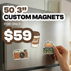 Square product image of a stainless steel refrigerator displaying three die cut custom magnets, including a brown and cream coffee cup labeled Fuel, a vintage tan and black camera, and a retro sunset design reading Support Your Local Planet. A hand places one magnet on the fridge. Bold text promotes 50 3 inch custom magnets for $59.