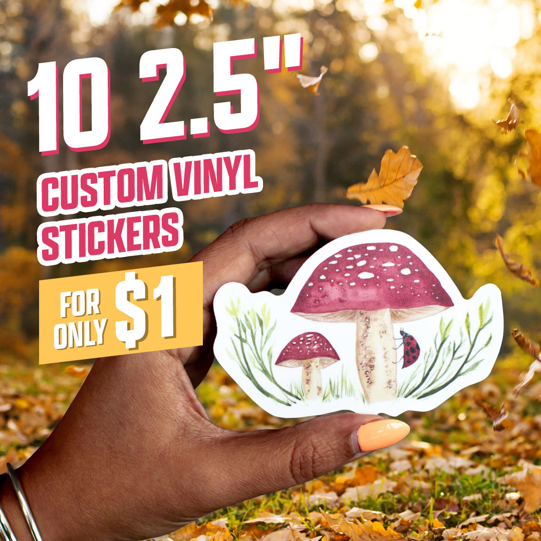 10 2.5" Stickers for $1 mushroom sticker red white ladybug leaves 