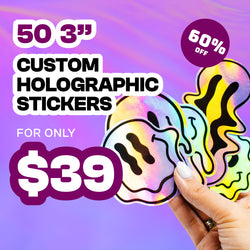 Promotional graphic advertising a discount on custom holographic stickers. Text on the image reads 50 3 inch custom holographic stickers for only $39 with a 60 percent off badge. The background is a purple and pink gradient. A hand holds three glossy, rainbow holographic ghost-shaped stickers with black facial features, highlighting reflective foil material, smooth die-cut edges, and vibrant color-shifting effects suitable for bulk custom sticker orders.