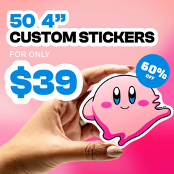 A hand holding a pink cartoon sticker with copy advetisting a promotional deal