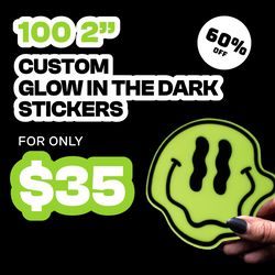 Promotional graphic for glow-in-the-dark stickers with a smiley face design, text indicating quantity, price, and discount.