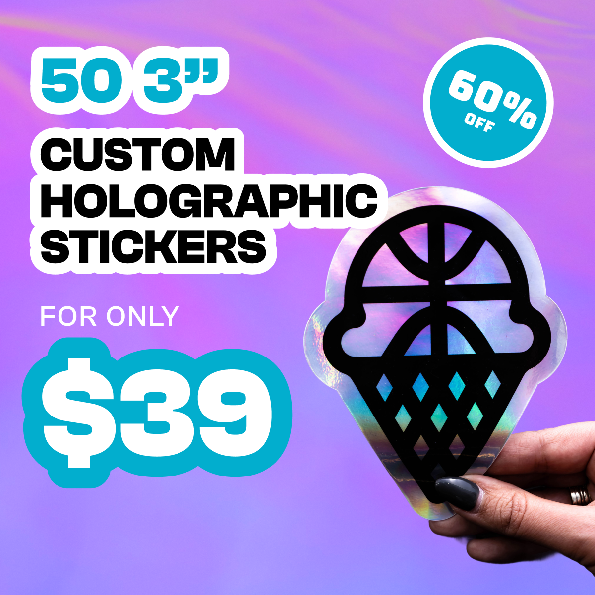 Promotional image of holographic stickers with a hand holding one, on a purple background.