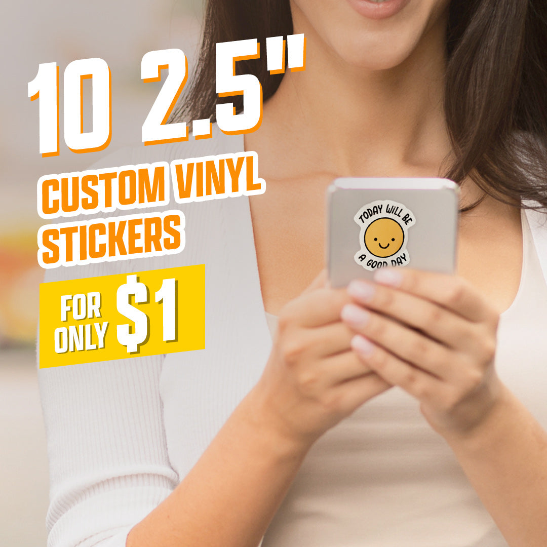 10 2.5" Custom Vinyl Stickers for $1 woman smiling face