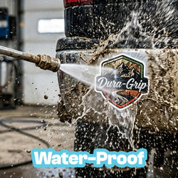 A close-up action shot of a pressure washer spraying water onto a black vehicle bumper, with a Dura-Grip logo sticker showing its water-resistant grip. A light blue text overlay at the bottom reads 'Water-Proof'.