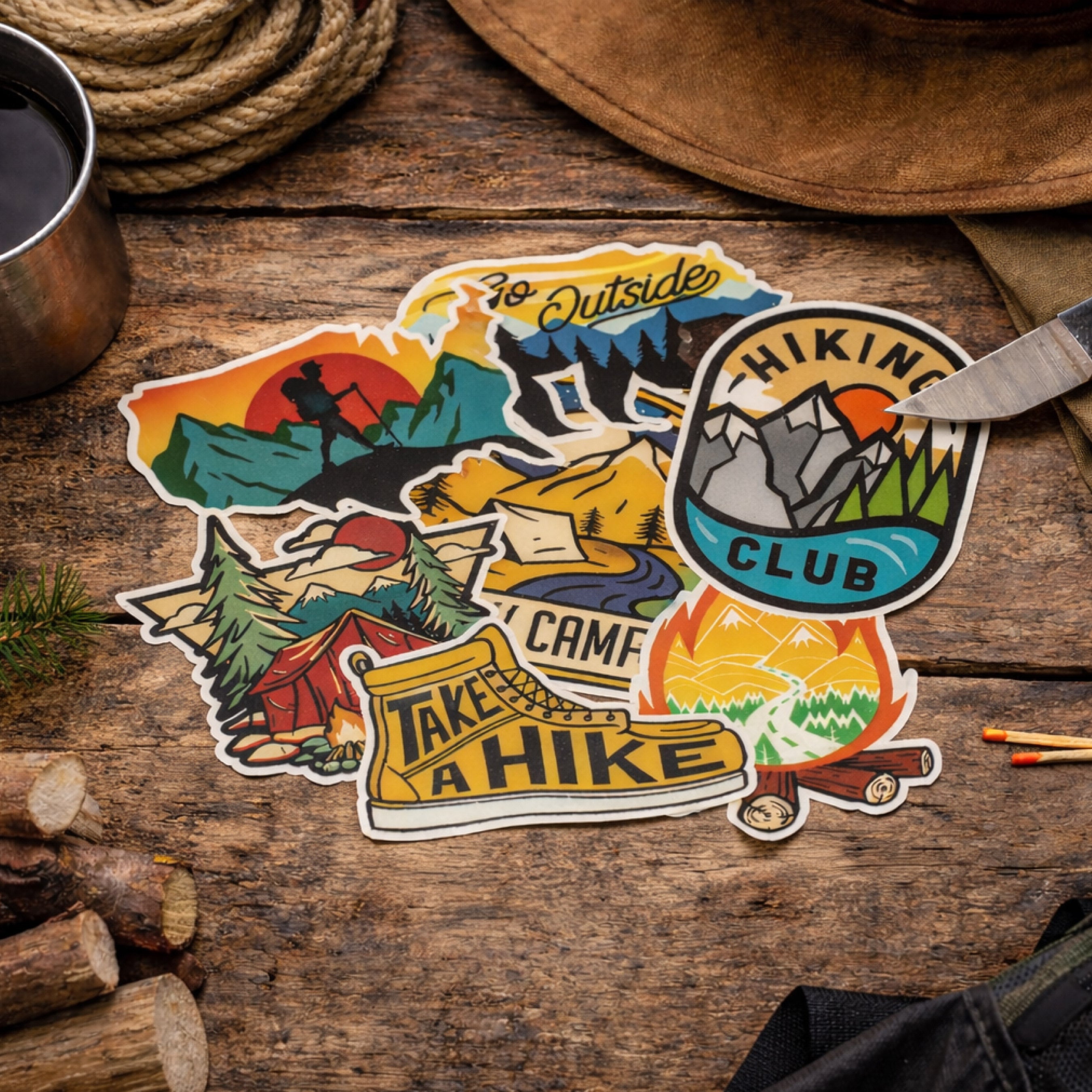 A set of die-cut stickers featuring various outdoor and camping-themed illustrations, arranged on a rustic wooden tabletop with hiking boots, a hat, rope, and other outdoor props.