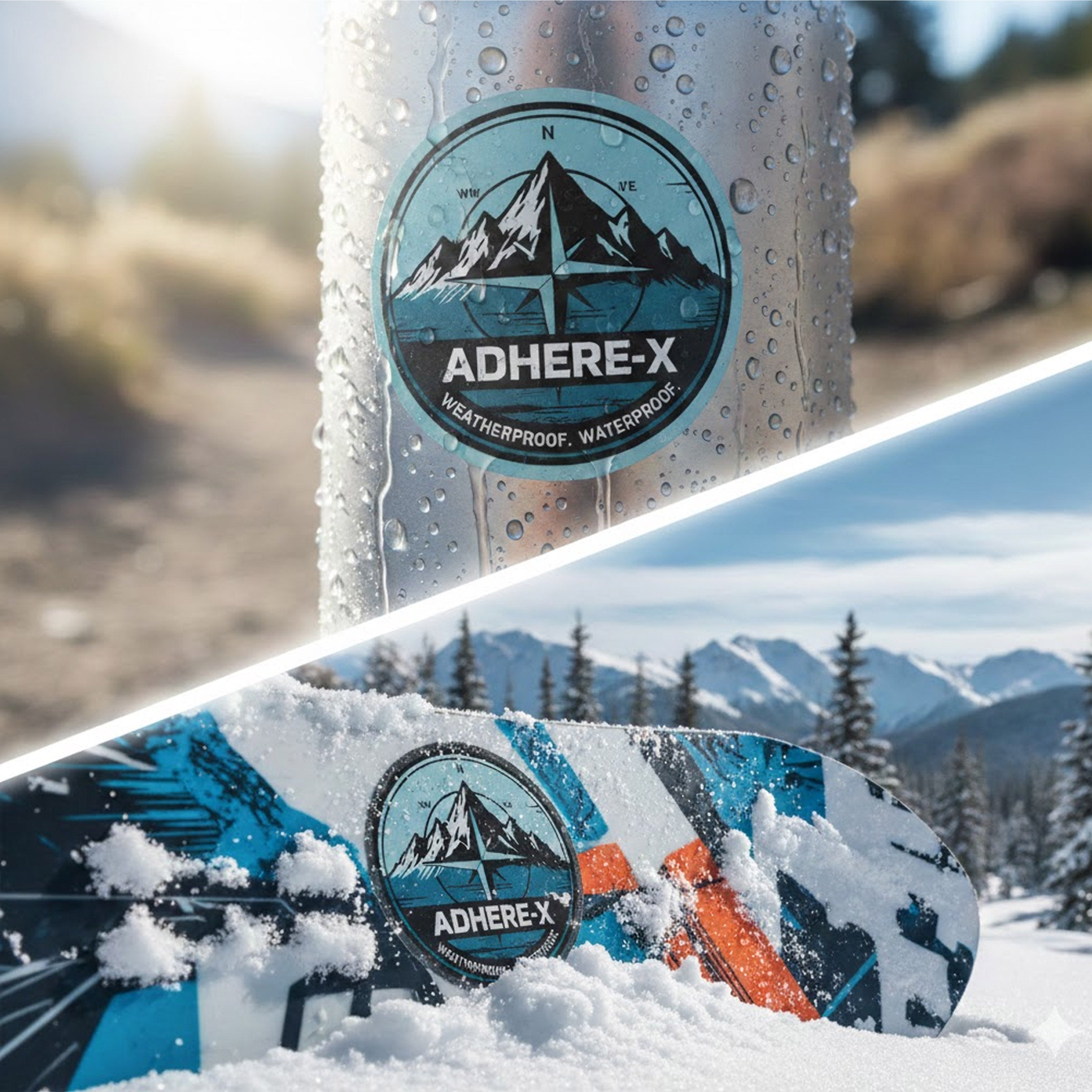 A branded snowboard and a metal canister are shown in a snowy mountain setting. The circular logo on both items reads ADHERE-X with the tagline WEATHERPROOF.