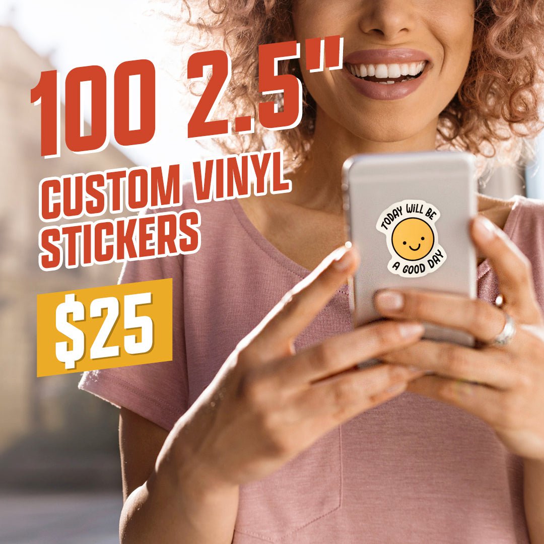 100 2.5" Custom Vinyl Stickers $25 Today will be a good day decal smiling face woman in faded burgandy shirt cardinal red mustard yellow