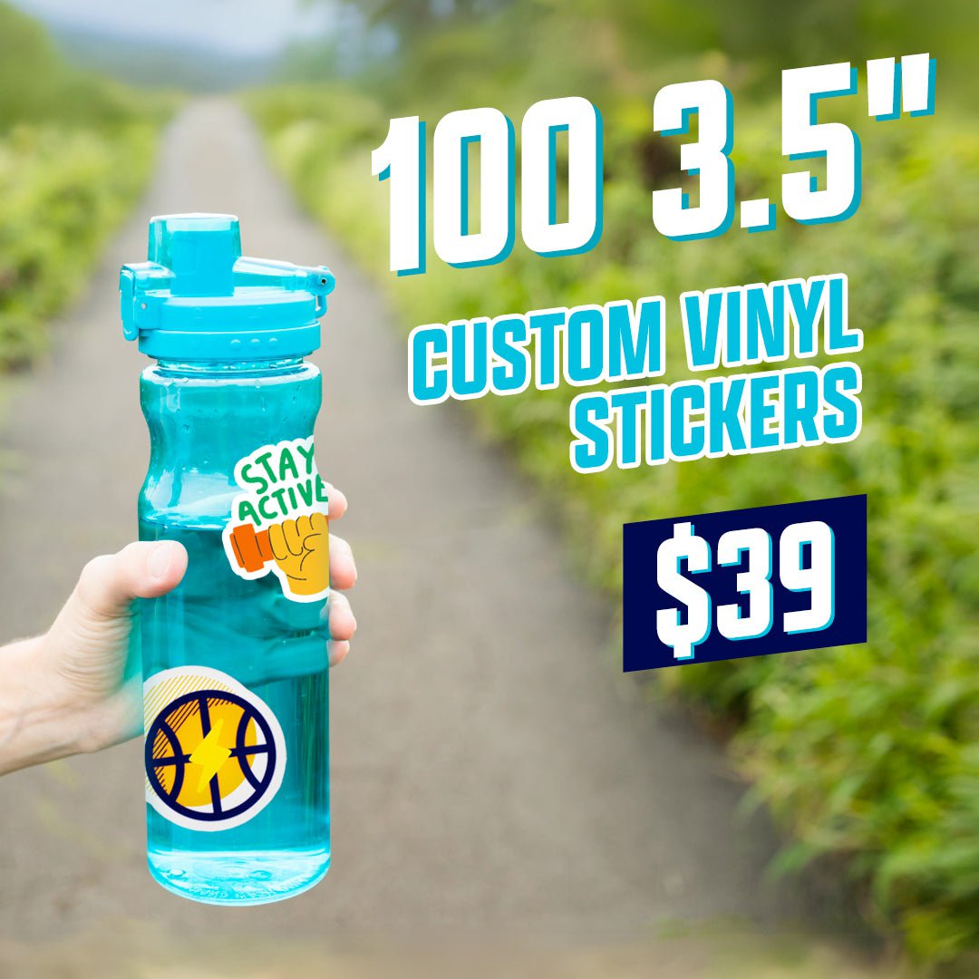 100 3.5" Custom Vinyl Stickers $39 stickers on waterbottle basketball stay active running path  photo translucent blue green dark navy