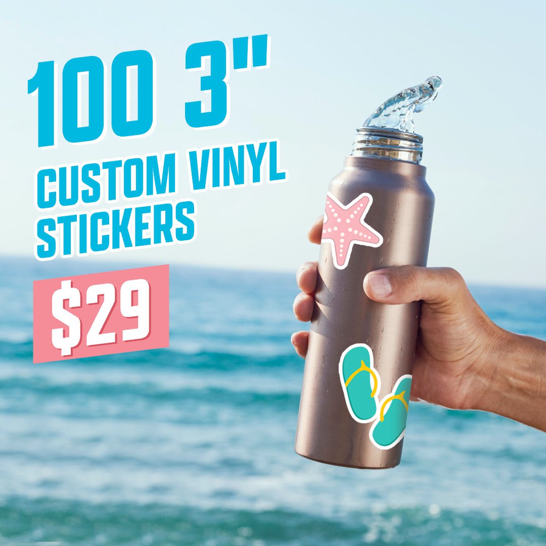 100 3" custom vinyl stickers $29 starfish and flipflops on water bottle aqua pink blue ocean water splash