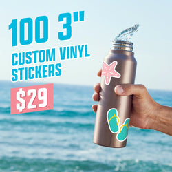 Image displaying text 100 3 inch custom vinyl stickers and 29 dollars. A hand holds a metal bottle decorated with die cut stickers including a pink starfish and teal flip-flops. Background shows blue ocean waves. Summer cartoon aesthetic waterproof decals.