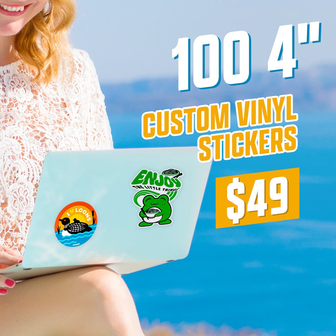 100 4" Custom Vinyl Stickers Silver laptop with i heart loons bird sticker and frog eating noodles stickers blue sky woman with red hair in lace crochet blouse blue sky in the background smiling 