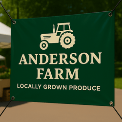 Vinyl Banner Sign Printed Gloss Farmers Market Green White Background Tractor sillhouette anderson farm locally grown produce promotion events woods dirt brushed nickle grommets black paracord bungees wood crate vegetables canopy white tent event pop up