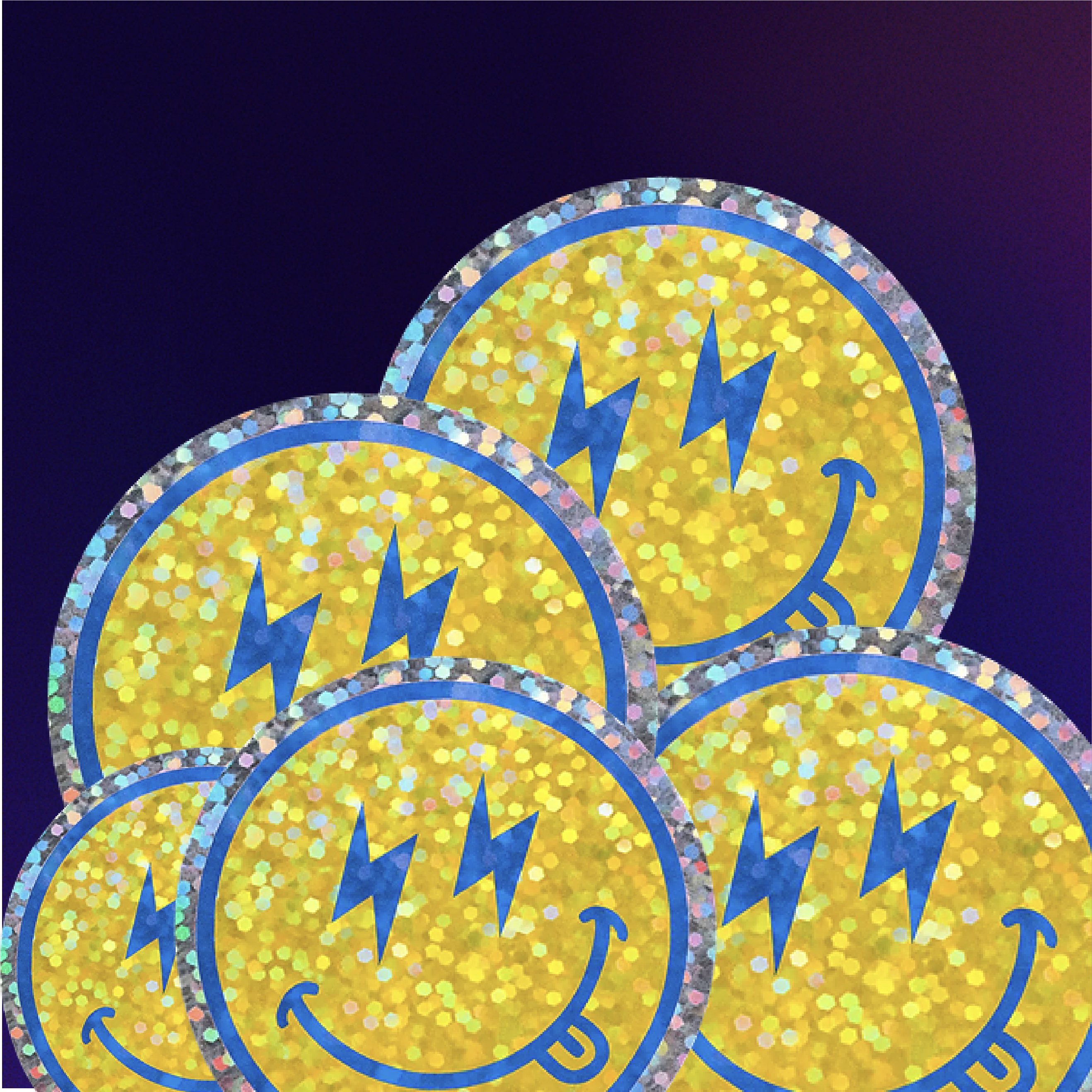 A pile of circular yellow glitter sticker coins with blue smiley faces and lightning bolt eyes, set against a dark purple gradient background.