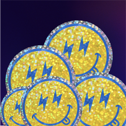 A pile of circular yellow glitter sticker coins with blue smiley faces and lightning bolt eyes, set against a dark purple gradient background.