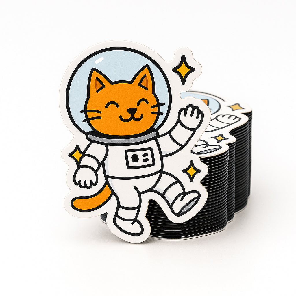 Stack of custom fridge magnets with a cat in an astronaut suit design on a white background