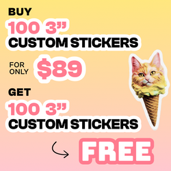 Promotional offer for custom stickers with a cat in an ice cream cone on a gradient background.