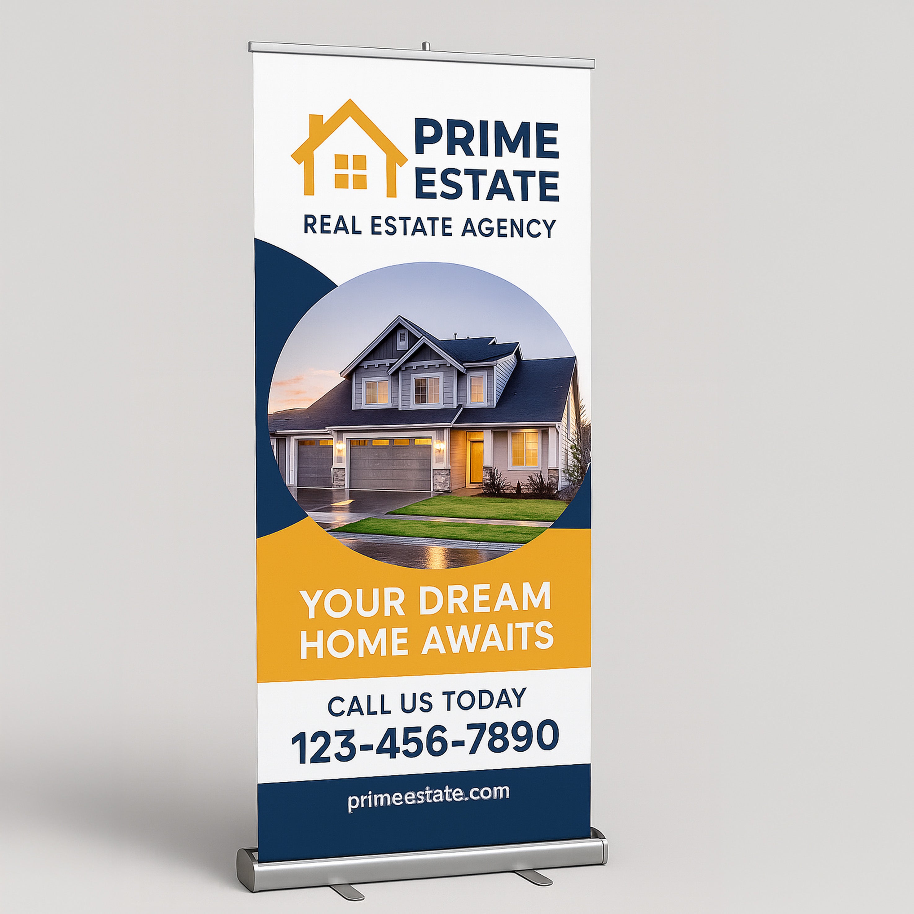 Roll-up banner with stand for Prime Estate Real Estate Agency with a house photo and contact information. Banner reads Prime Estate Real Estate Agency. Your Dream home Awaits. all us today with generic phone number and email for graphic purpose