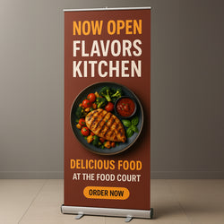 Promotional banner roll up stand for Flavors Kitchen with food image and text on a brown background. Text on banner reads. Now Open. Flavors Kitchen. Delicious Food. At the food court. Order now