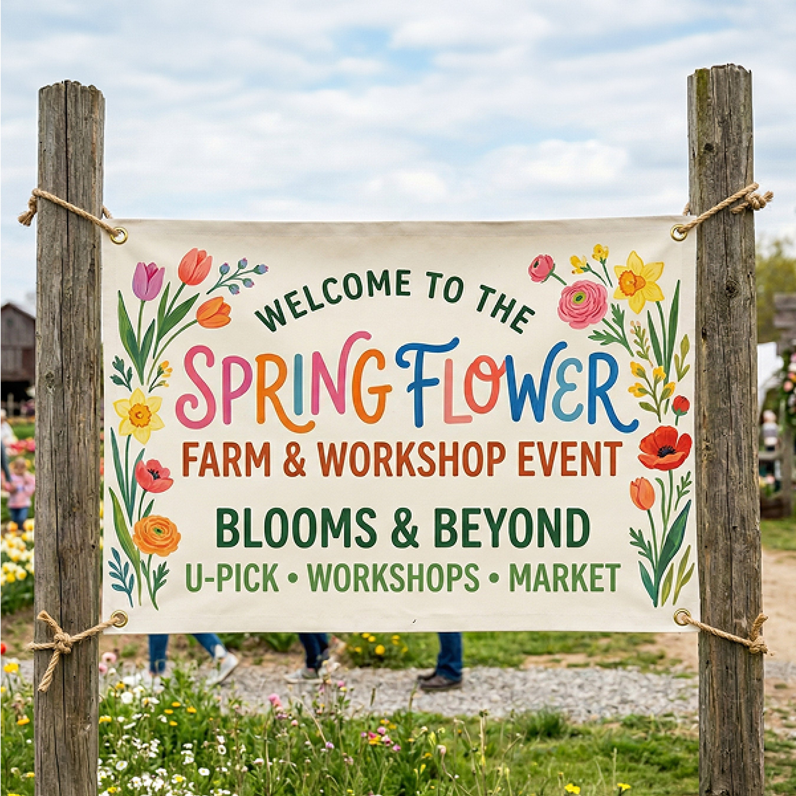 A custom printed banner is mounted between two rustic wooden posts at an outdoor flower farm. The banner features colorful floral illustrations along both sides and prominently displays the text "Welcome to the Spring Flower Farm & Workshop Event – Blooms & Beyond." Additional text highlights activities including u-pick flowers, workshops, and a local market. Visitors and blooming flowers are visible in the softly blurred background, creating a welcoming farm-event atmosphere. The banner demonstrates vibran