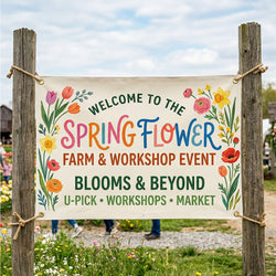 A custom printed banner is mounted between two rustic wooden posts at an outdoor flower farm. The banner features colorful floral illustrations along both sides and prominently displays the text 