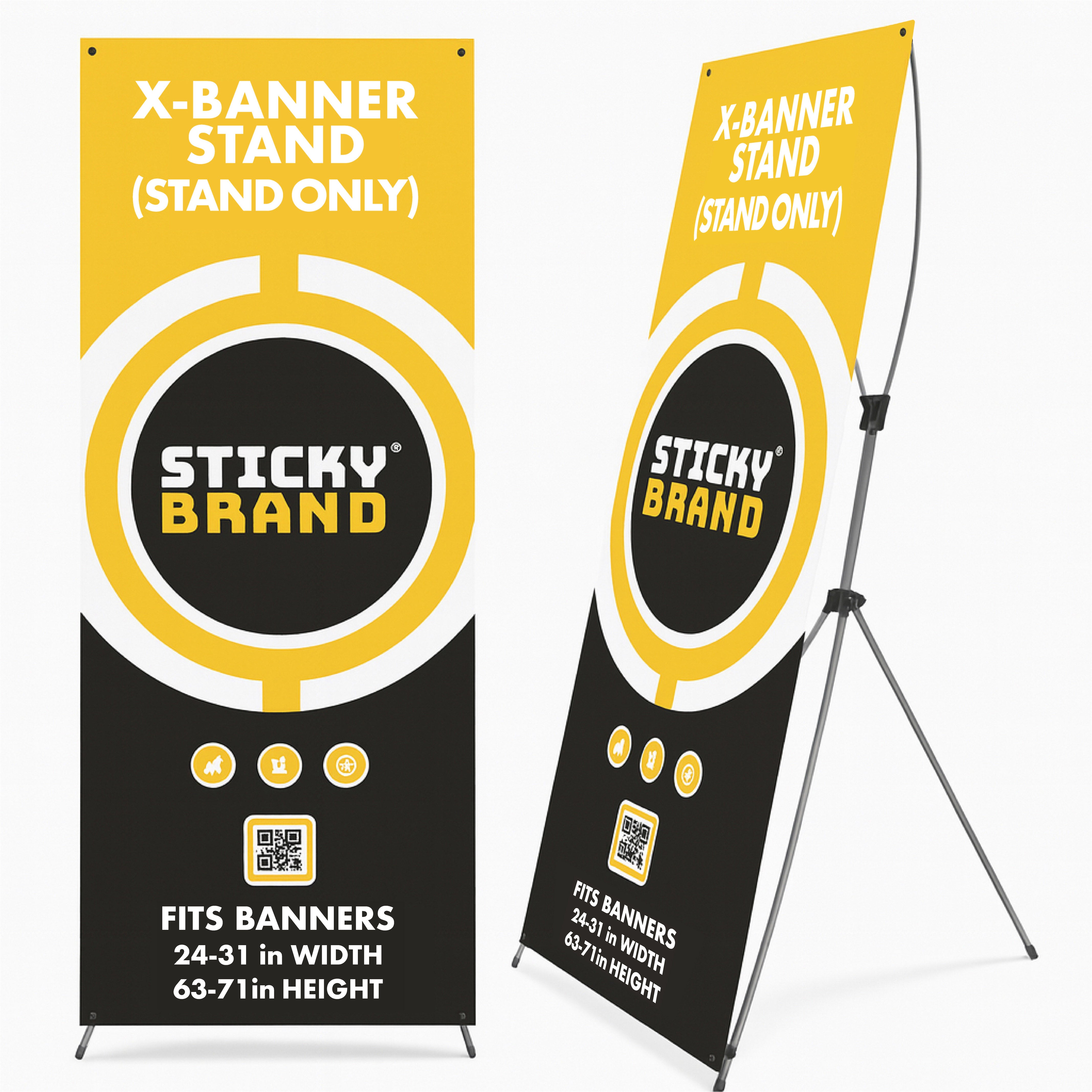 Graphic for X Banner Stand only product.  The banner attached on stand has text. 'X-Banner Stand (Stand Only) Sticky Brand  Logo. Fits banners 24-31 in width an 63-71 inches in height. Yellow Black and White graphic.