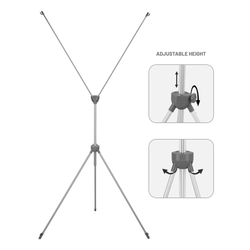 Adjustable X-banner stand shown on a white background with silver aluminum poles and black feet, featuring an X-shaped top and tripod base. Inset graphics illustrate the adjustable height mechanism and pivoting legs. Text indicates the stand is adjustable