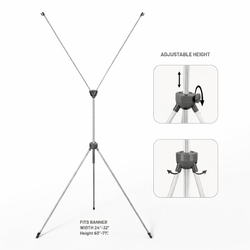 Adjustable X-banner stand shown on a white background with silver aluminum poles and black feet, featuring an X-shaped top and tripod base. Inset graphics illustrate the adjustable height mechanism and pivoting legs. Text indicates the stand is adjustable to fit banner width 24