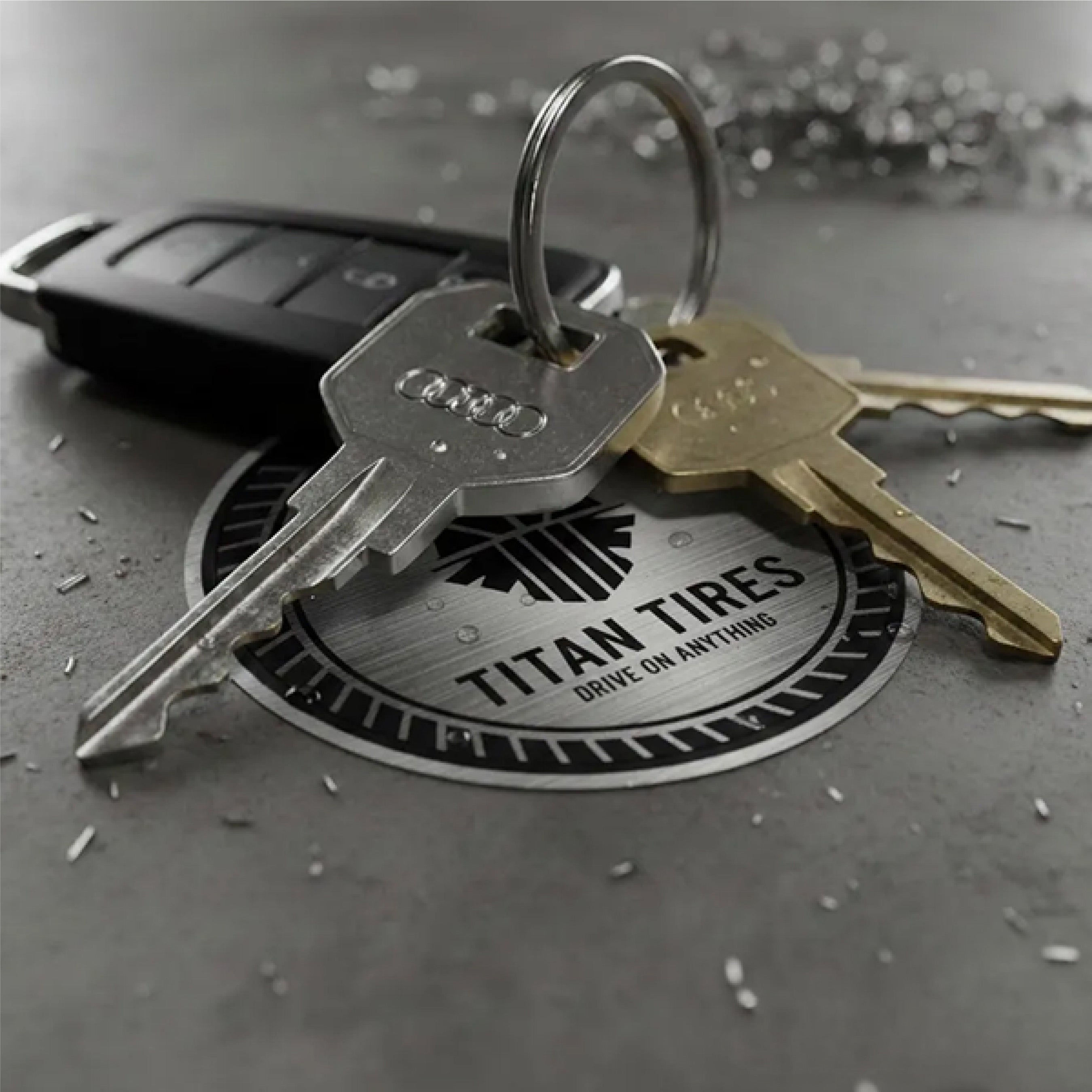 Set of keys resting on a round brushed aluminum sticker featuring a tire-inspired logo and readable text that says Titan Tires and Drive on Anything. Water droplets and metallic textures emphasize the durable brushed aluminum finish, making it ideal for automotive branding, equipment labels, and industrial applications.